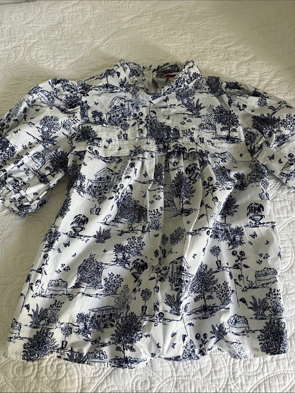 Women’s White and Navy Toile Ruffle Yoke Blouse